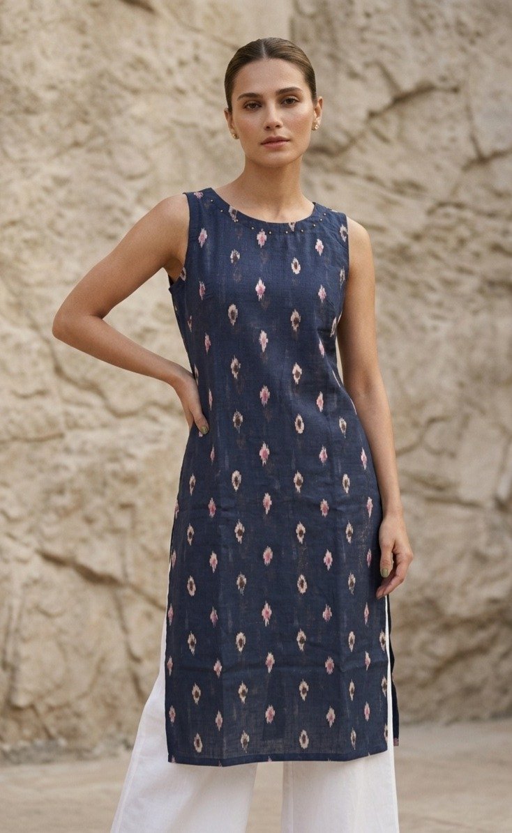 Navy Blue Ikat Print Kurti