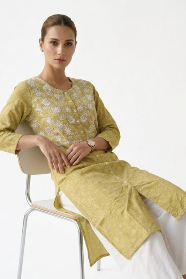 Mustard Yellow Floral Embroidered Kurti