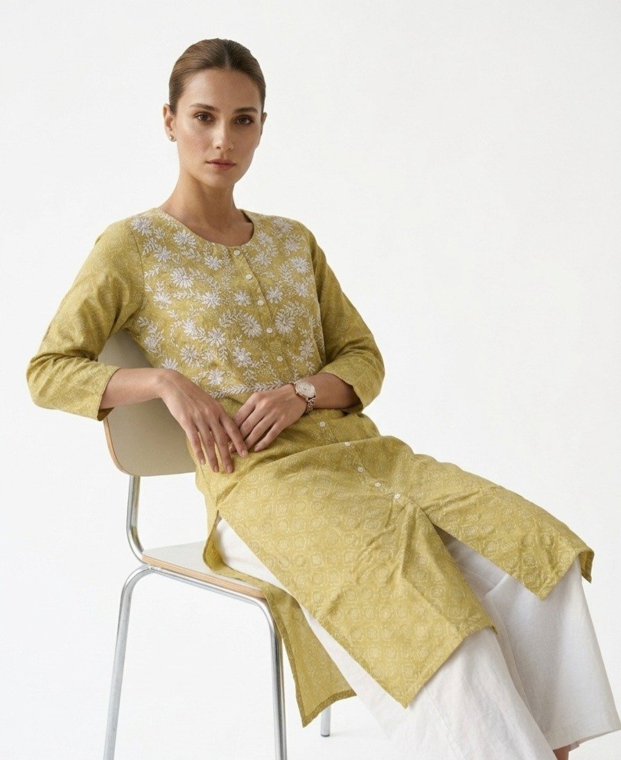 Mustard Yellow Floral Embroidered Kurti - Image 2