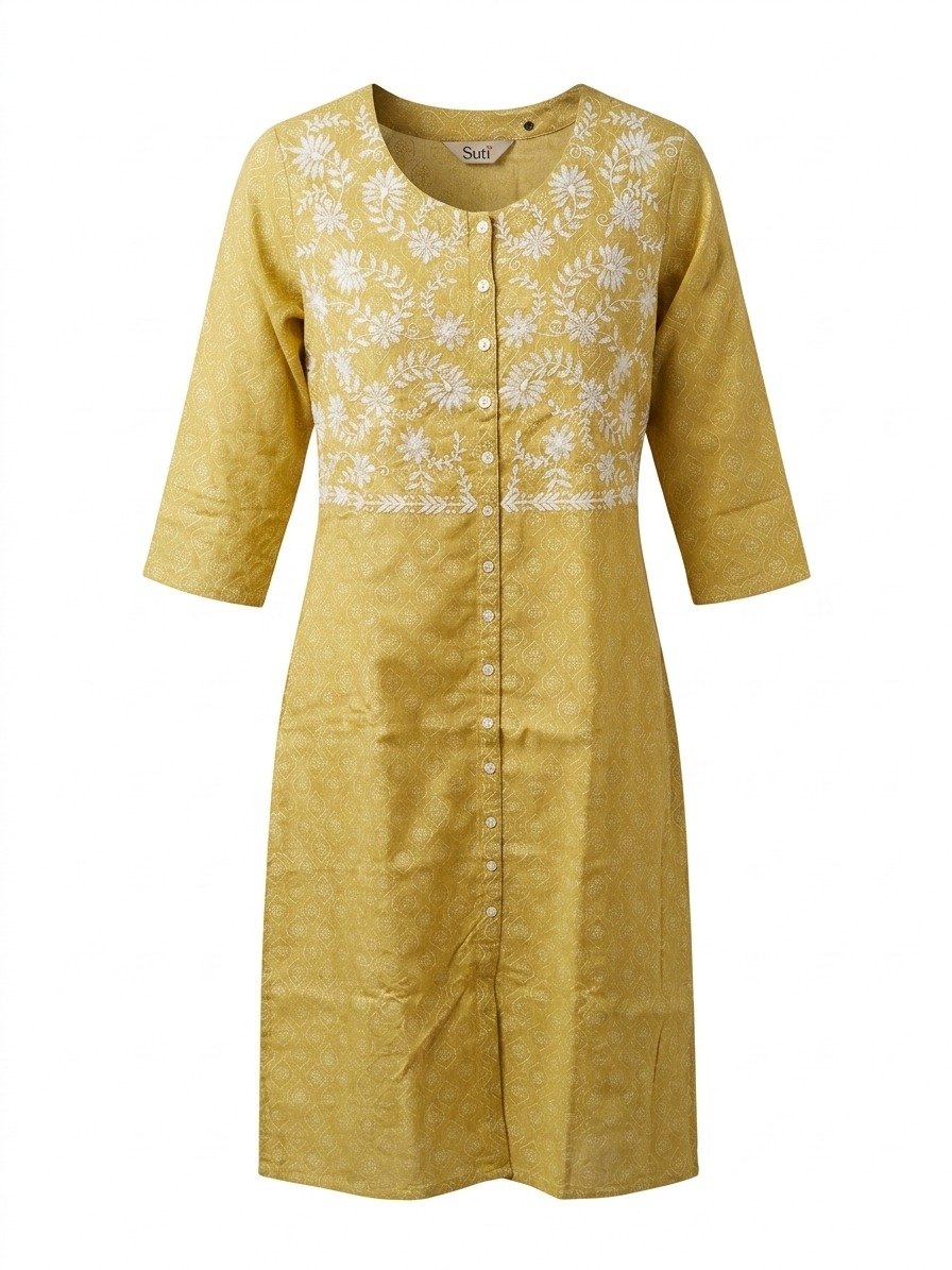 Mustard Yellow Floral Embroidered Kurti - Image 3