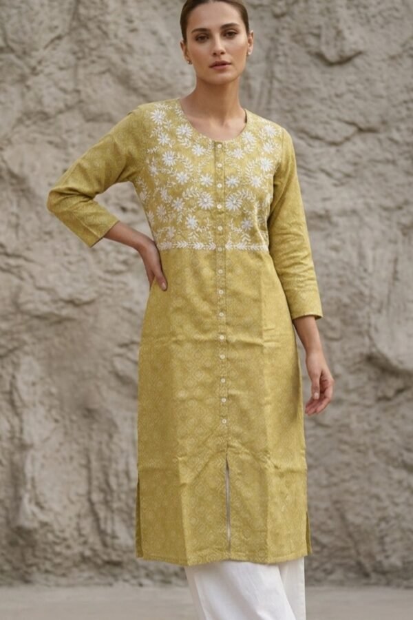 Mustard Yellow Floral Embroidered Kurti