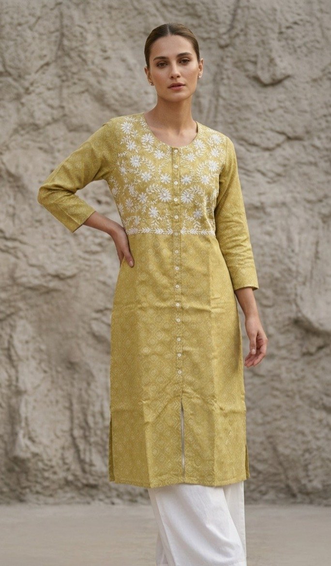 Mustard Yellow Floral Embroidered Kurti