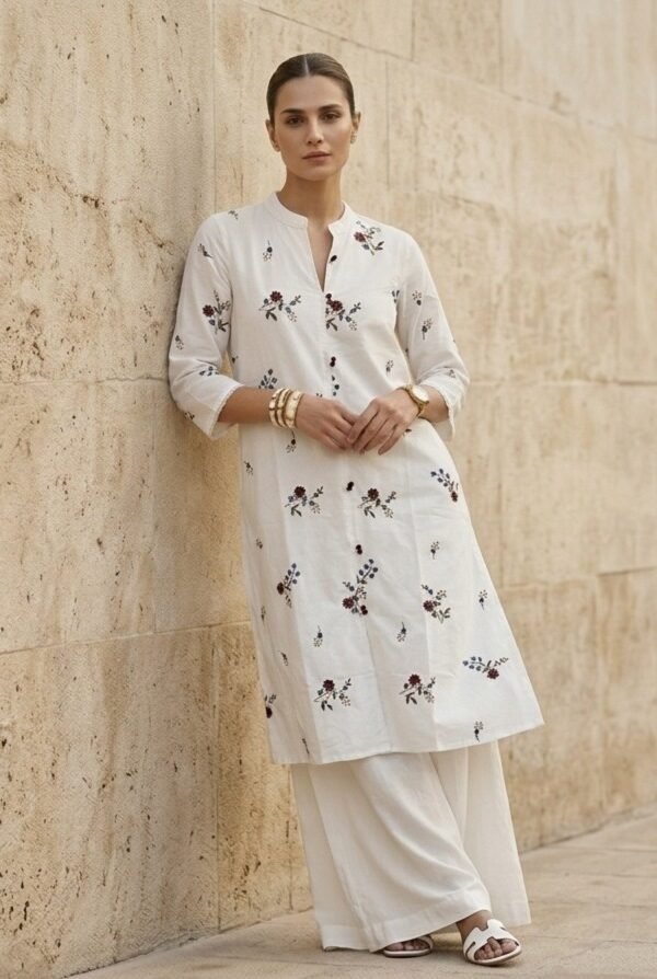 White Floral Embroidered Straight Kurti