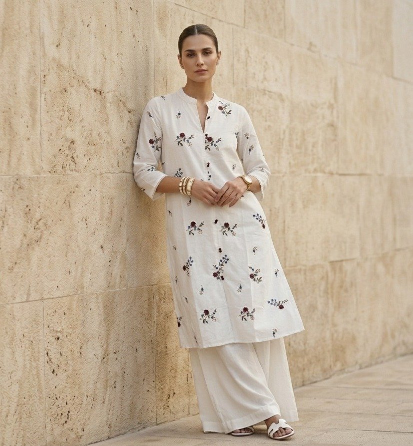 White Floral Embroidered Straight Kurti