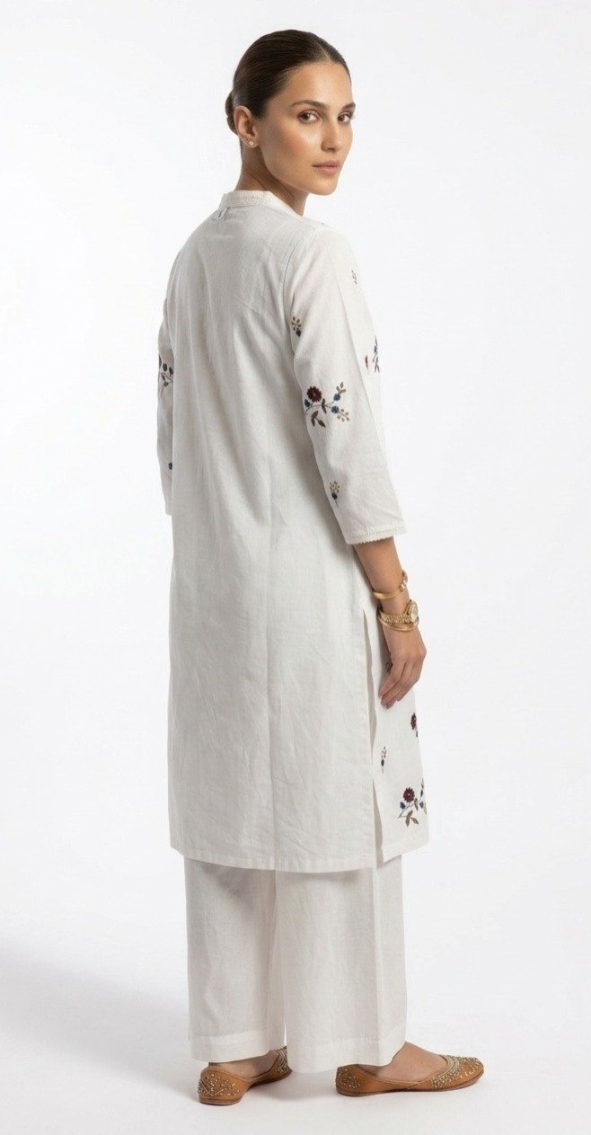 White Floral Embroidered Straight Kurti - Image 2