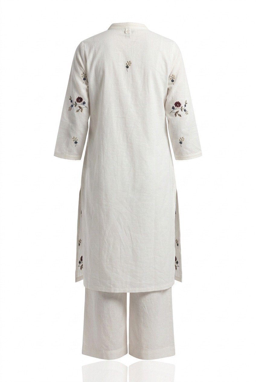 White Floral Embroidered Straight Kurti - Image 3