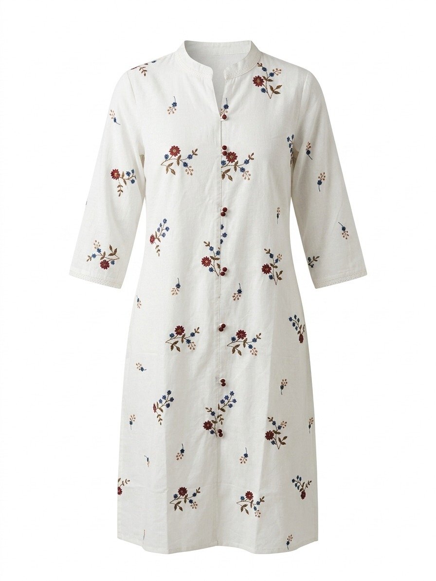 White Floral Embroidered Straight Kurti - Image 4