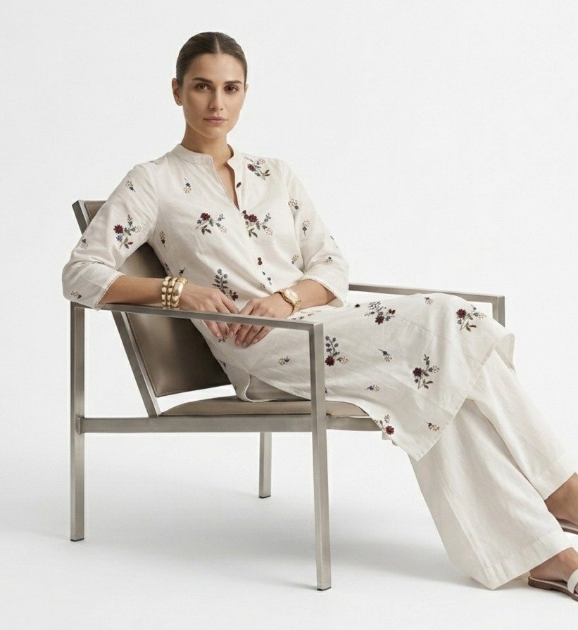 White Floral Embroidered Straight Kurti - Image 5