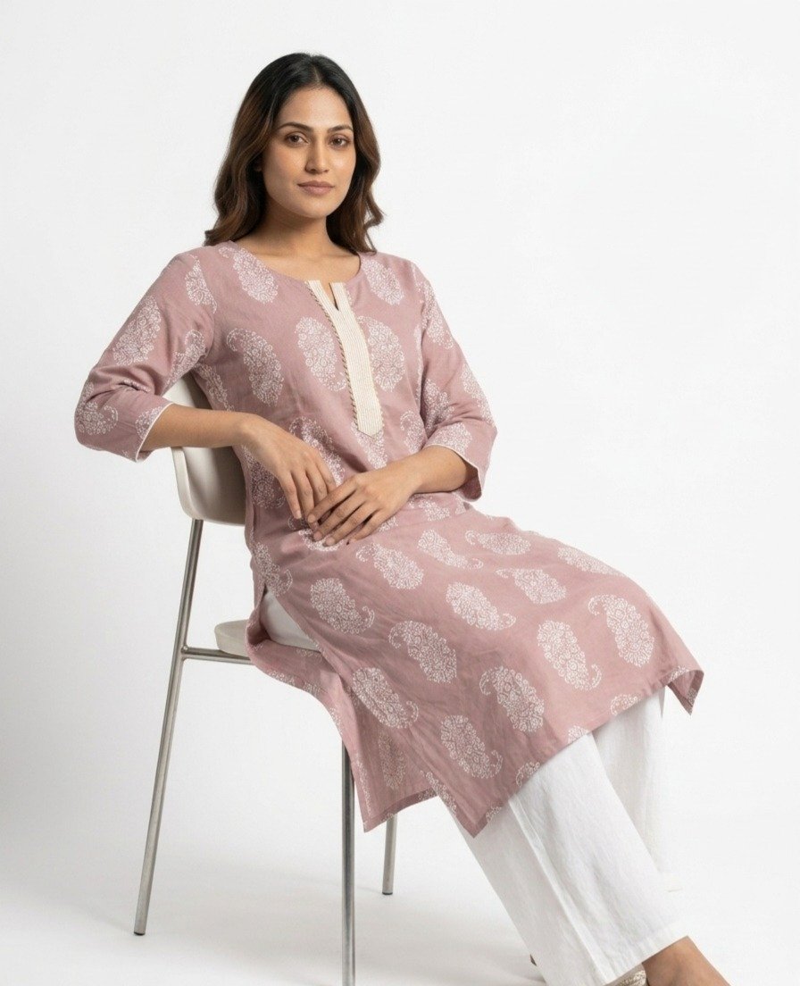 Mauve Paisley Print Cotton Kurti - Image 2