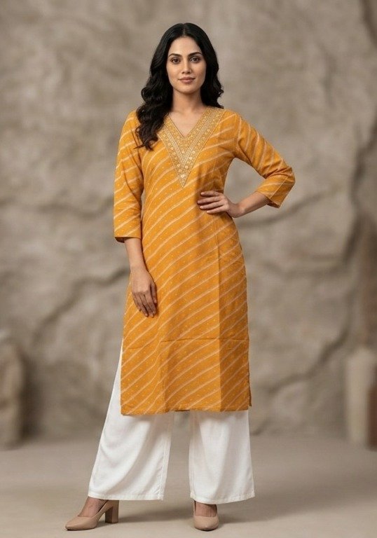 Mustard Yellow Striped Embroidered Kurti