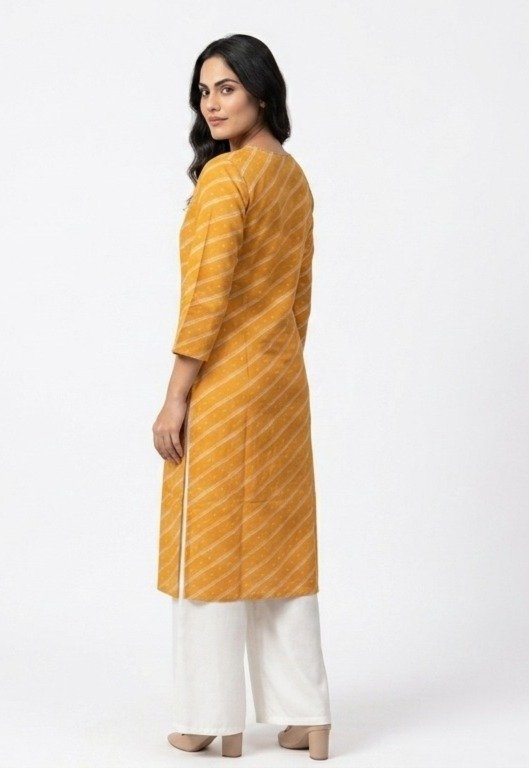 Mustard Yellow Striped Embroidered Kurti