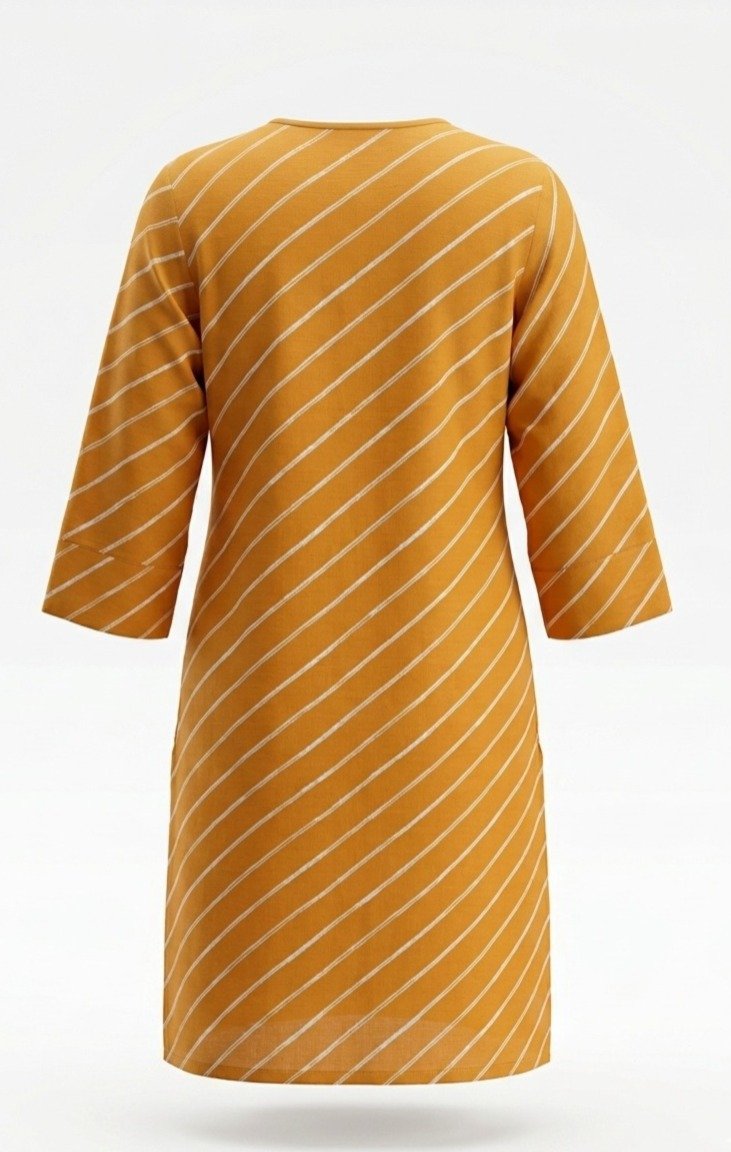 Mustard Yellow Striped Embroidered Kurti - Image 3