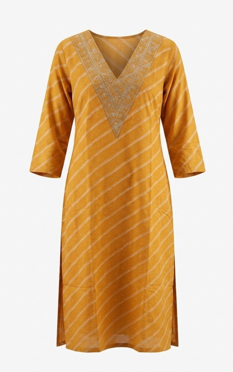 Mustard Yellow Striped Embroidered Kurti - Image 4