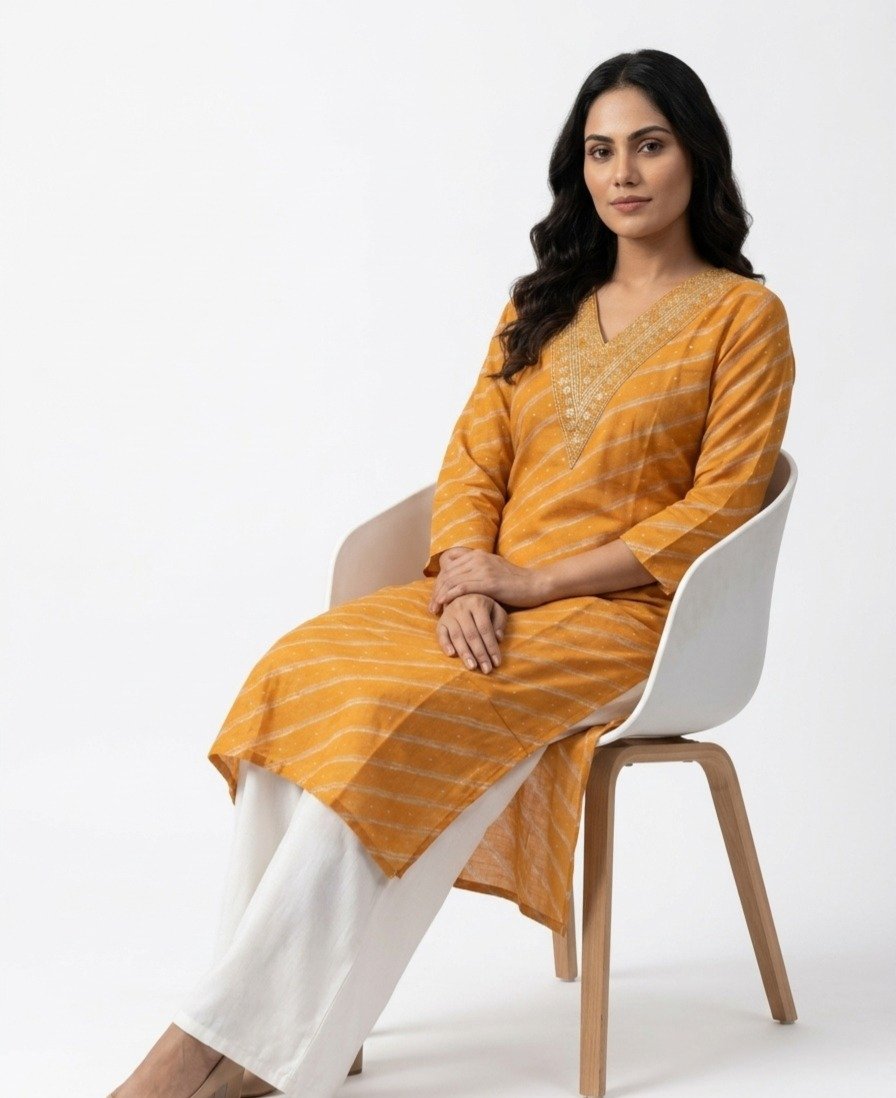Mustard Yellow Striped Embroidered Kurti - Image 5