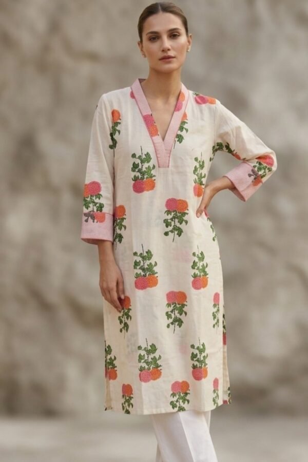 Cream Floral Print Straight Kurti