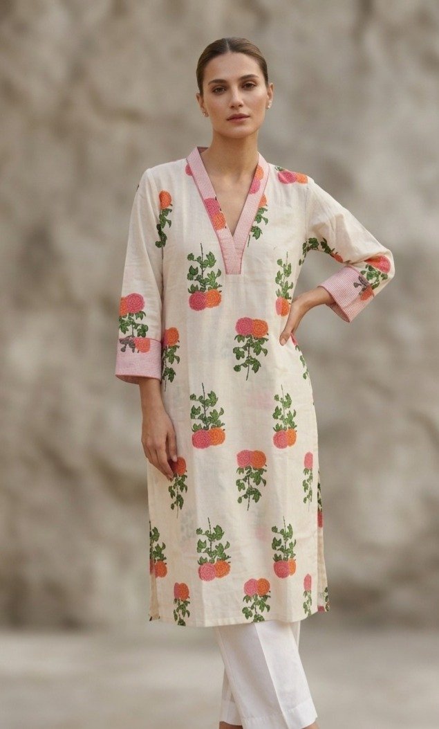 Cream Floral Print Straight Kurti