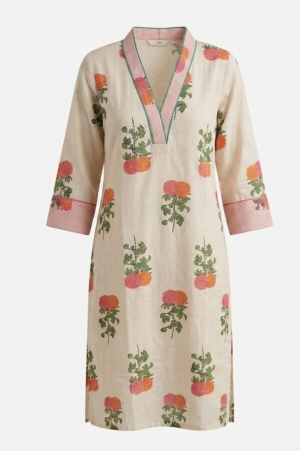 Cream Floral Print Straight Kurti