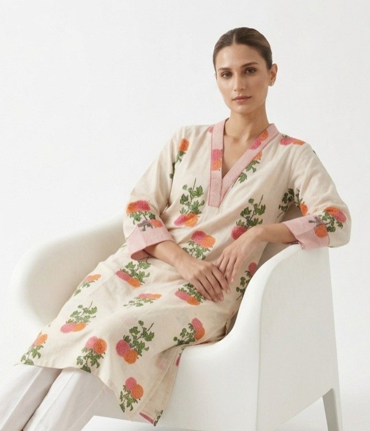 Cream Floral Print Straight Kurti - Image 5