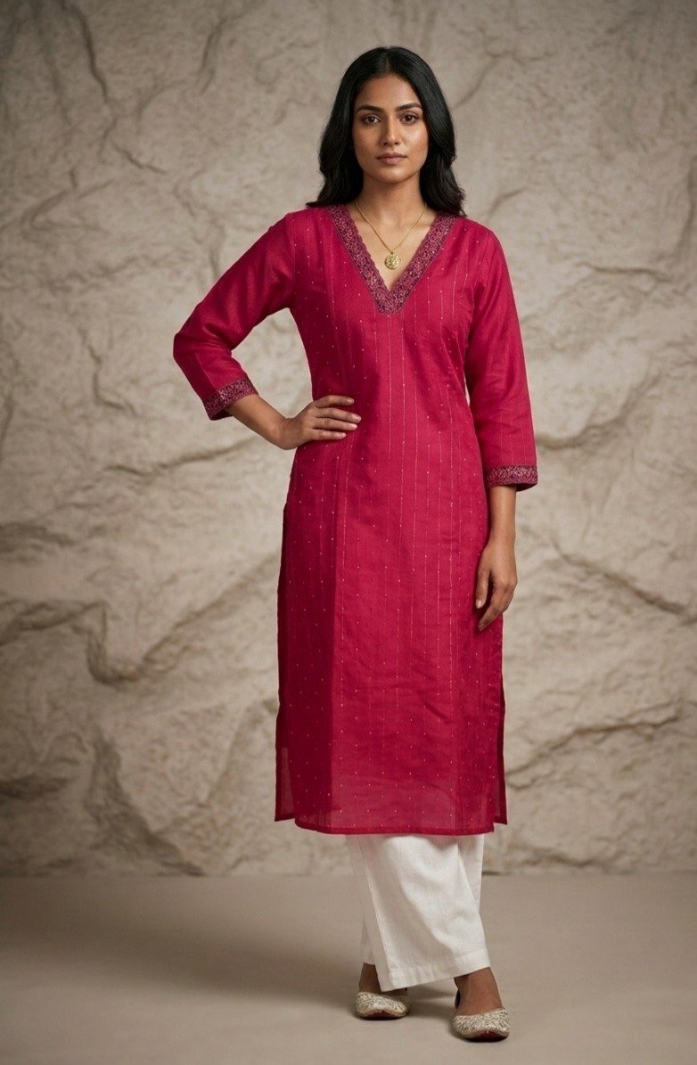 Elegant Red Embroidered Straight Kurti