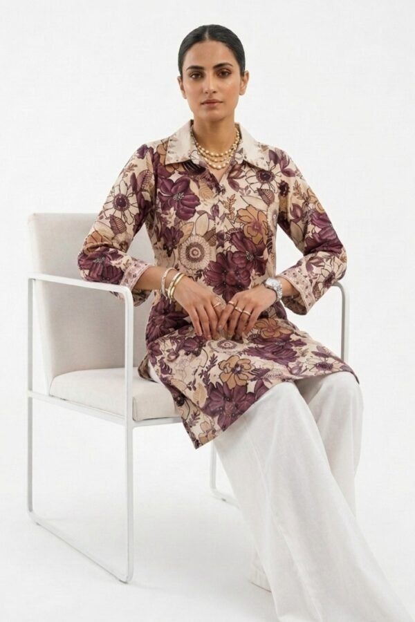 Floral Print Collared Straight Kurti