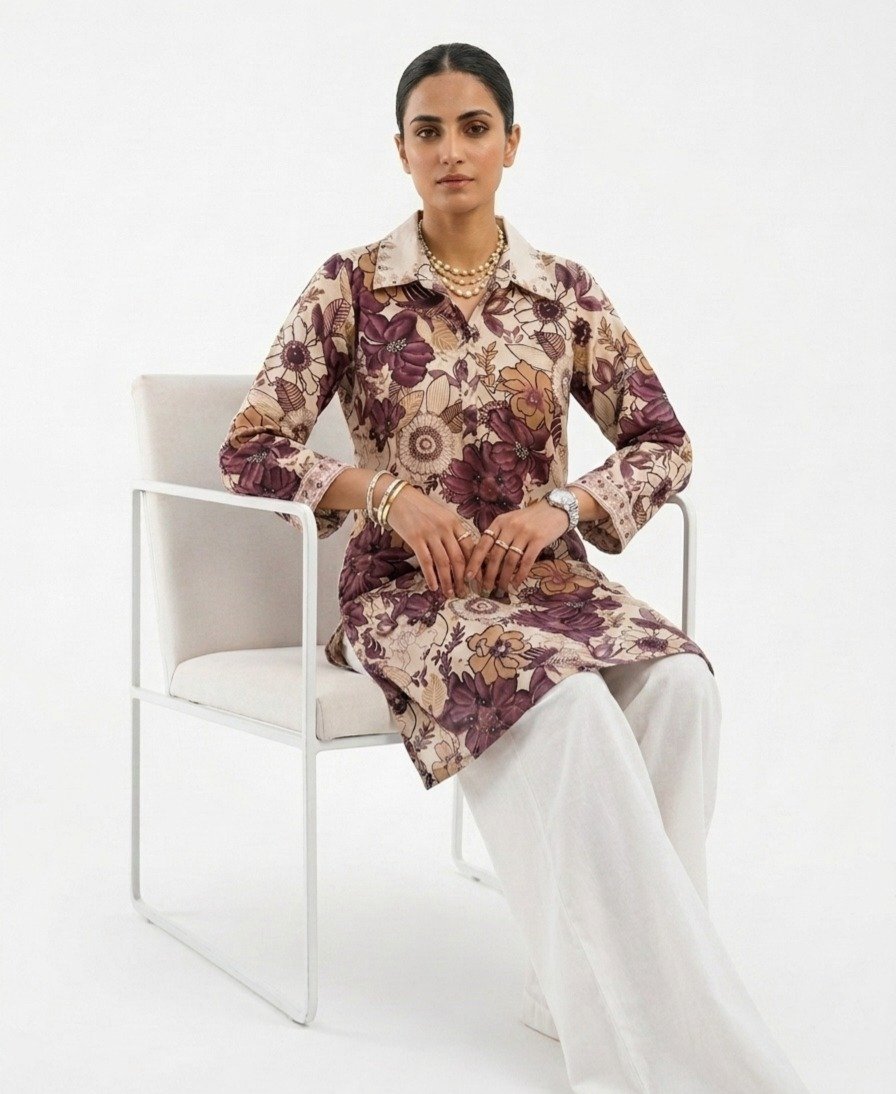 Floral Print Collared Straight Kurti - Image 2