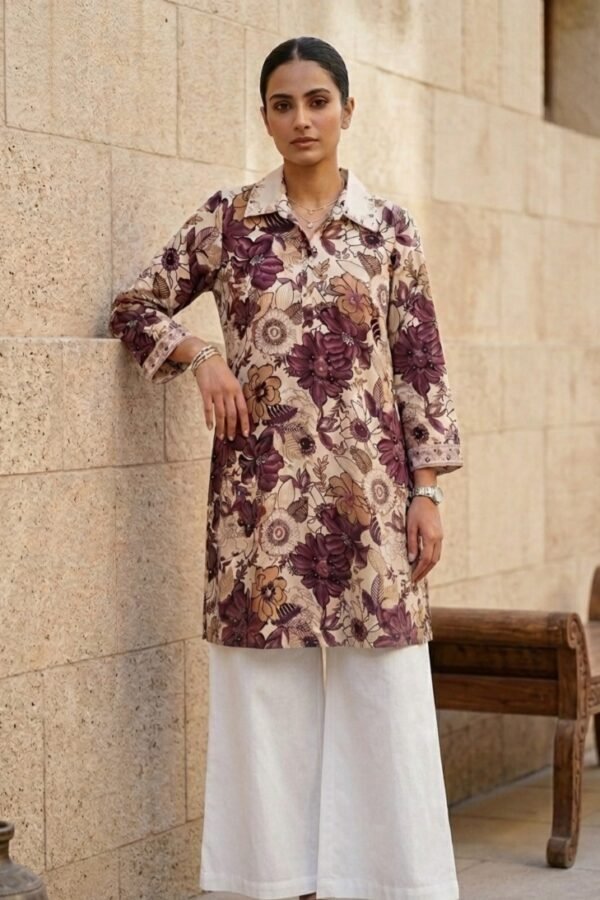 Floral Print Collared Straight Kurti