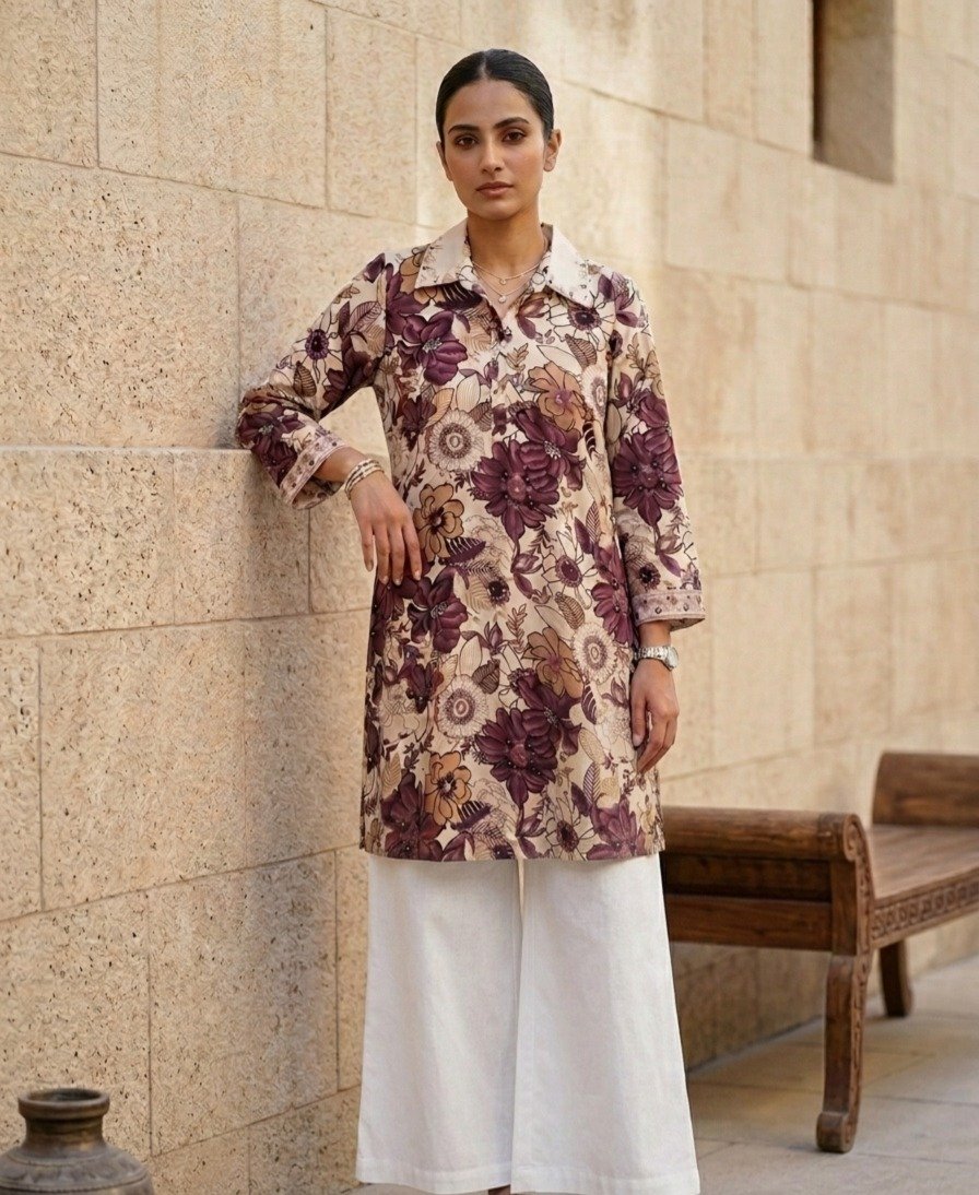 Floral Print Collared Straight Kurti