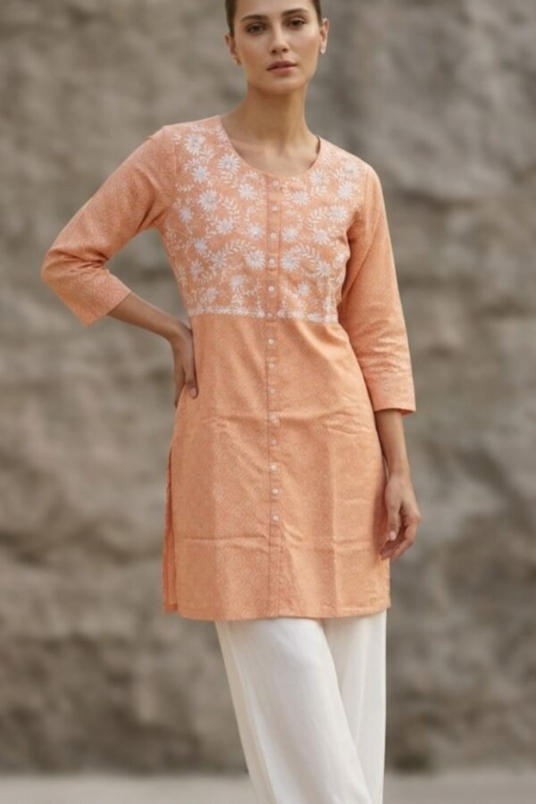 Peach Floral Embroidered Straight Kurti