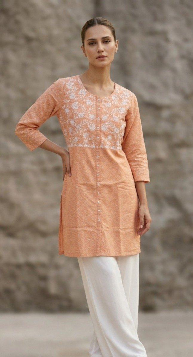 Peach Floral Embroidered Straight Kurti