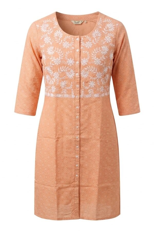 Peach Floral Embroidered Straight Kurti