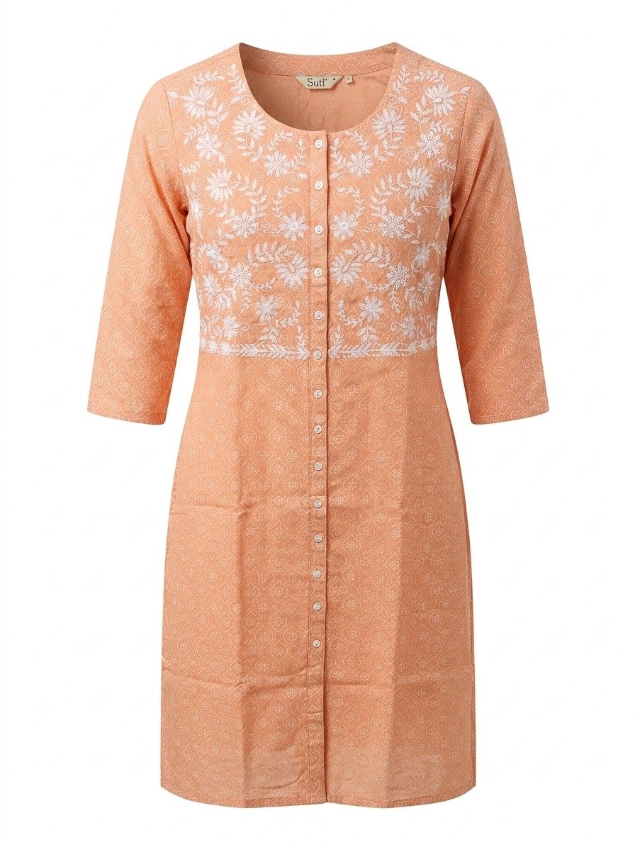 Peach Floral Embroidered Straight Kurti - Image 2