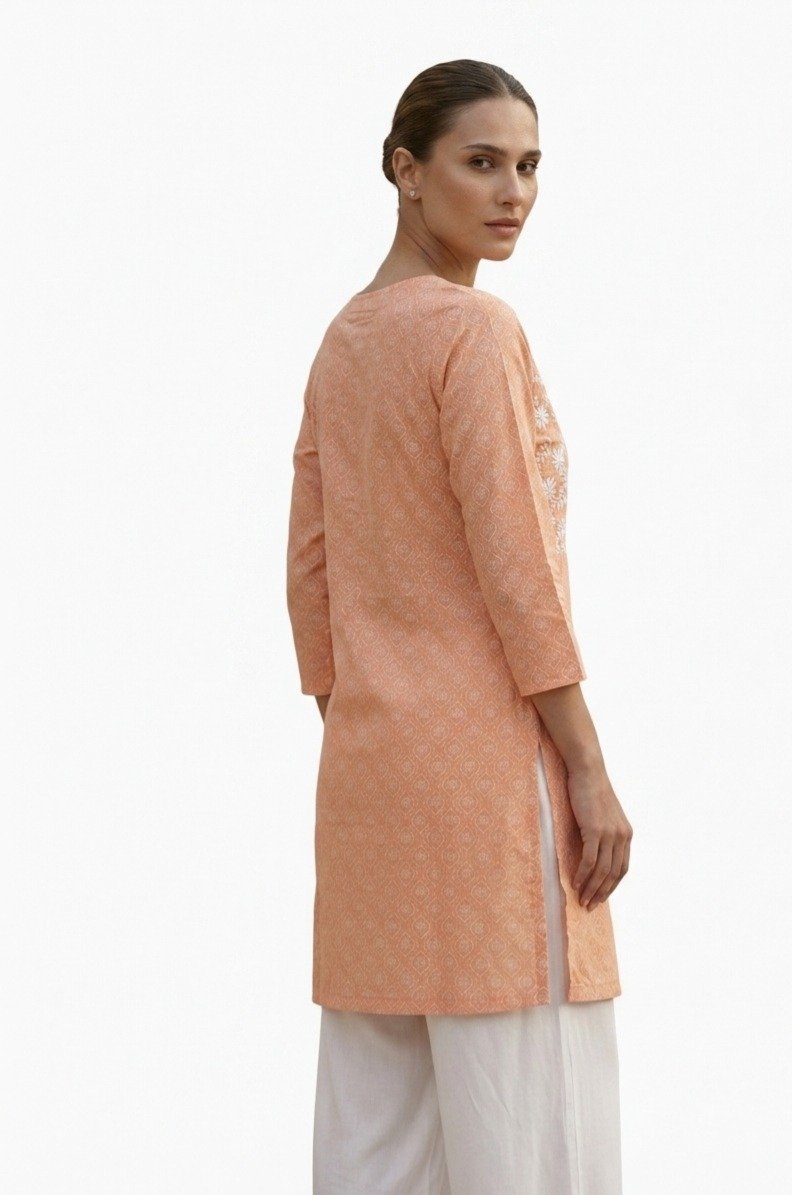 Peach Floral Embroidered Straight Kurti - Image 4