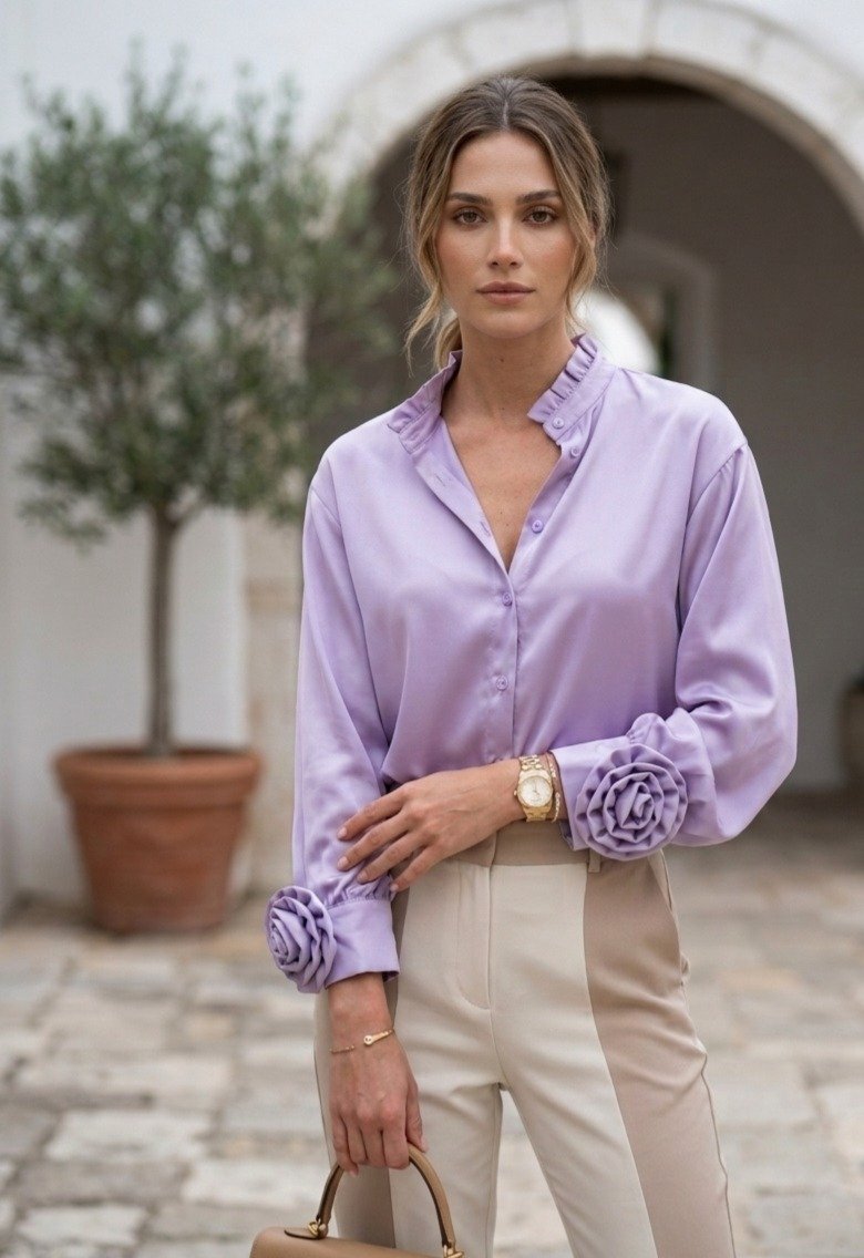 Lavender Rose Detail Satin Shirt