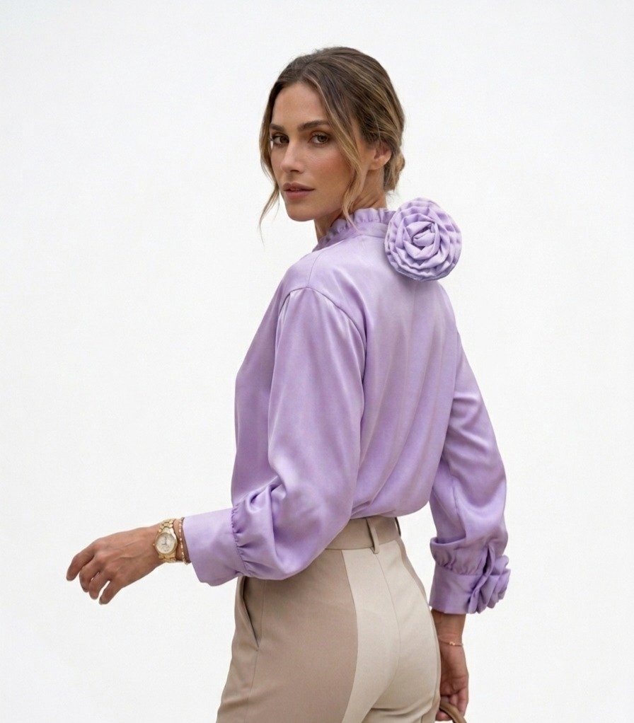 Lavender Rose Detail Satin Shirt - Image 2