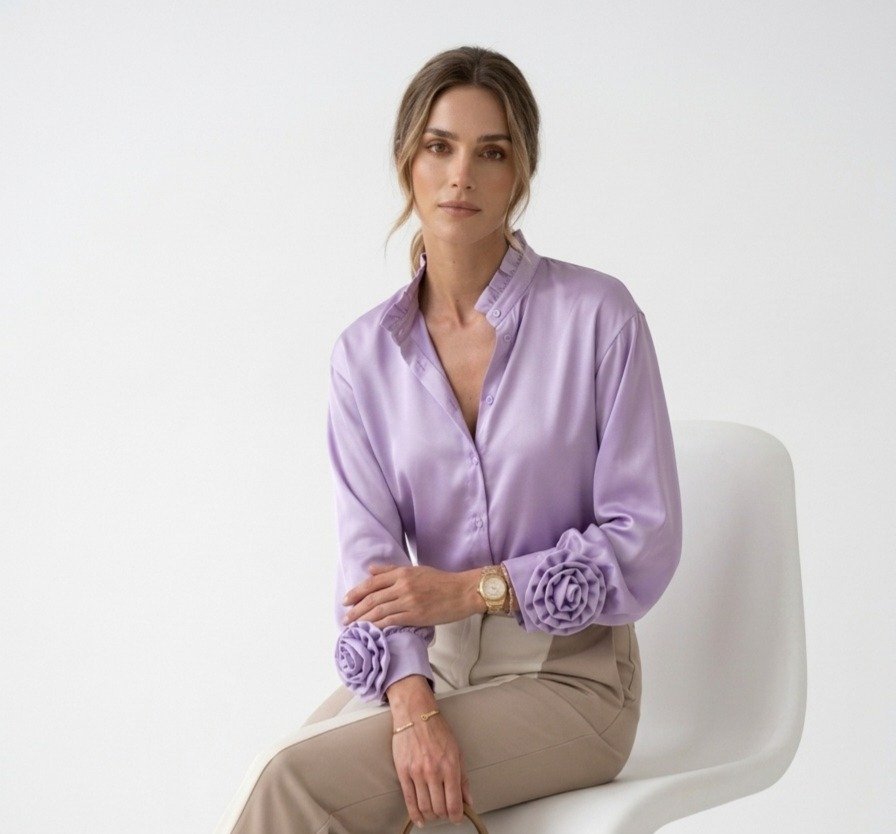 Lavender Rose Detail Satin Shirt - Image 5