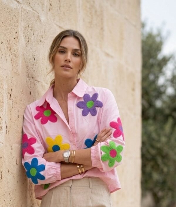 Pink Floral Applique Casual Shirt