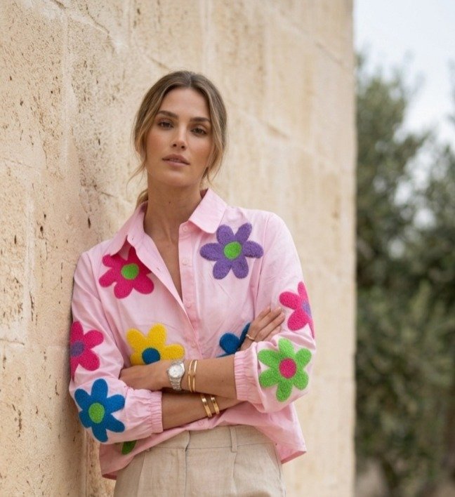 Pink Floral Applique Casual Shirt