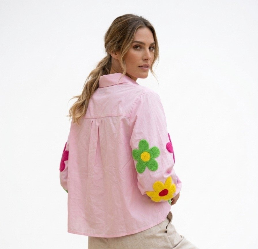 Pink Floral Applique Casual Shirt - Image 3