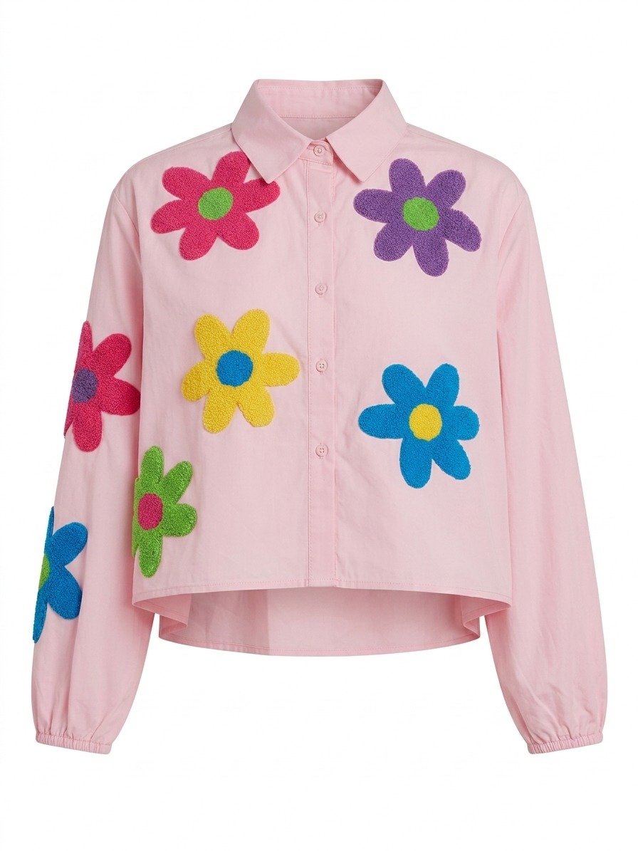 Pink Floral Applique Casual Shirt - Image 4