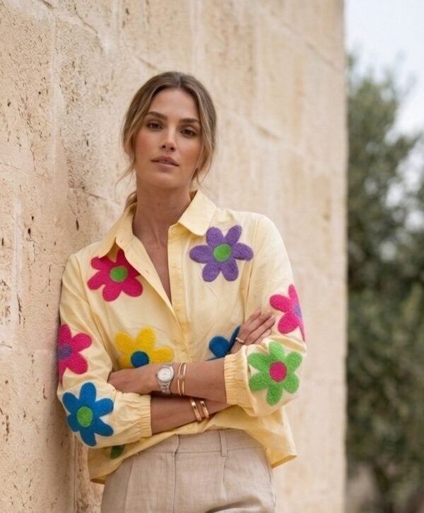 Yellow Floral Applique Casual Shirt