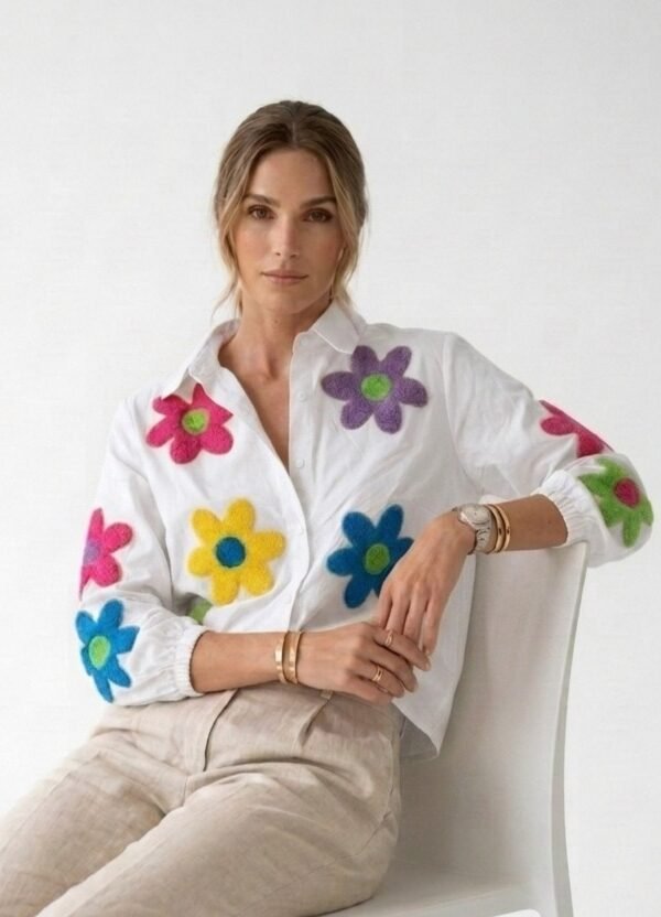 White Floral Applique Casual Shirt