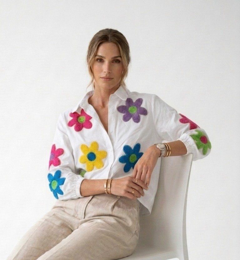 White Floral Applique Casual Shirt - Image 2