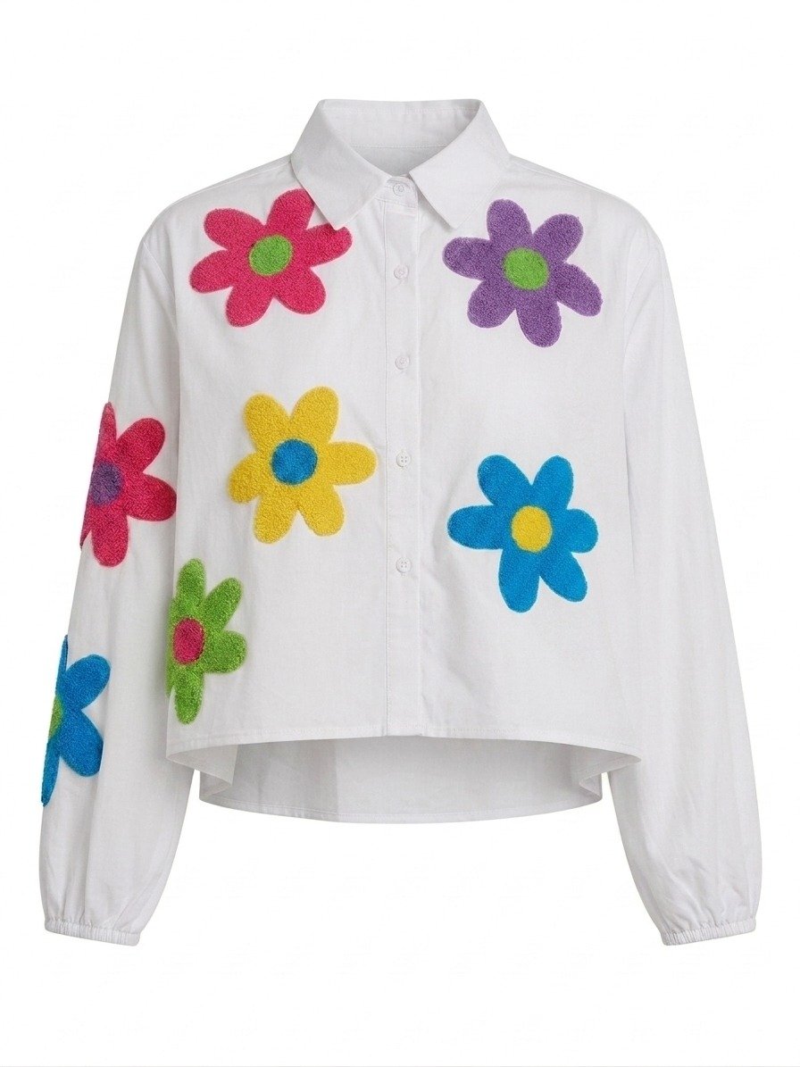 White Floral Applique Casual Shirt - Image 3