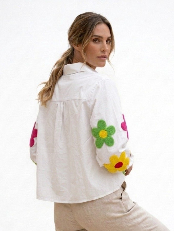 White Floral Applique Casual Shirt - Image 5