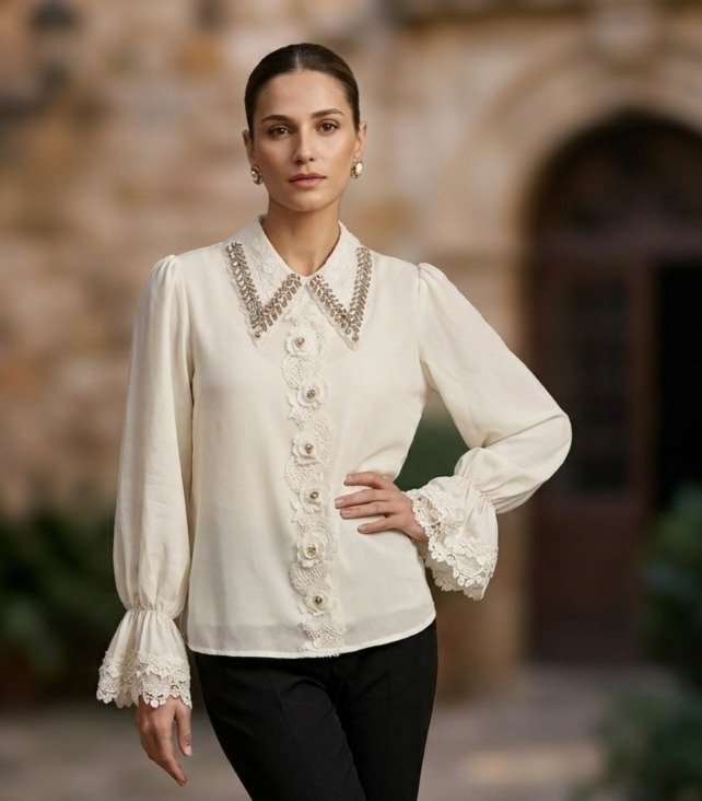 Embellished Lace Collar Statement Blouse