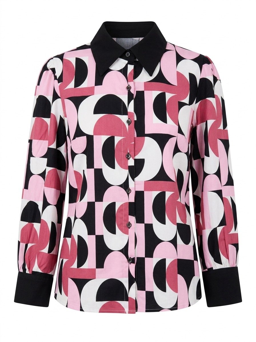 Geometric Print Contrast Collar Shirt - Image 2