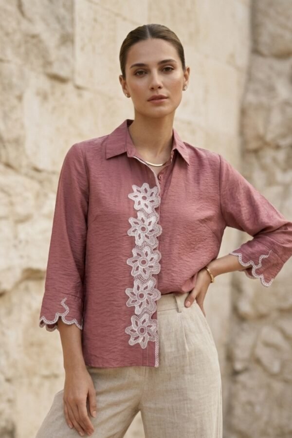 Mauve Embroidered Lace Detail Shirt