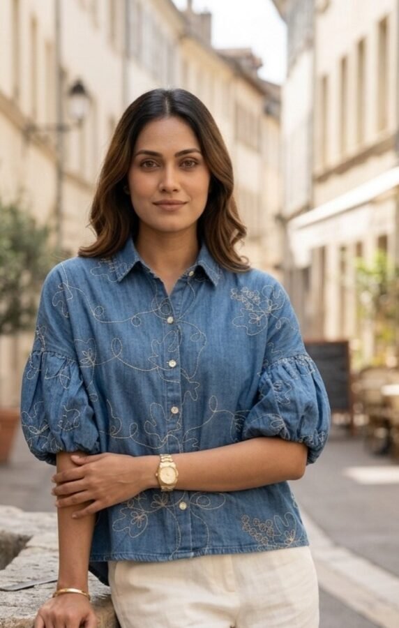 Embroidered Denim Puff Sleeve Shirt
