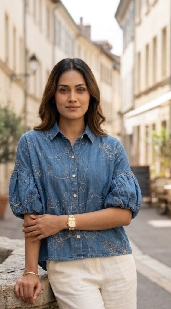 Embroidered Denim Puff Sleeve Shirt