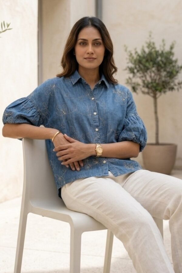 Embroidered Denim Puff Sleeve Shirt